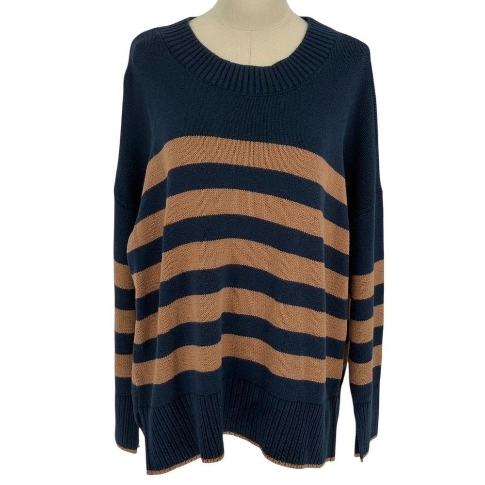 SONOMA Goods For Life Striped Crew Neck Sweater Blue Tan 1X Cotton Blend